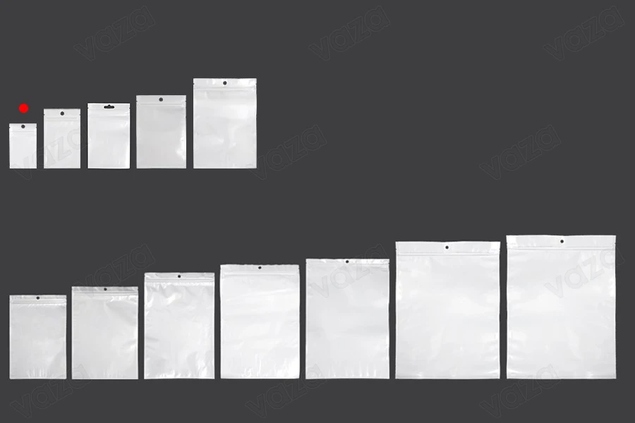 Qese plastike me mbyllje zip 60x100 mm, pjesa e pasme e bardhë dhe transparente në pjesën e përparme, me vrimë dhe mundësi vulosjeje me ngjitje termike – 100 copë.-imazh_grup