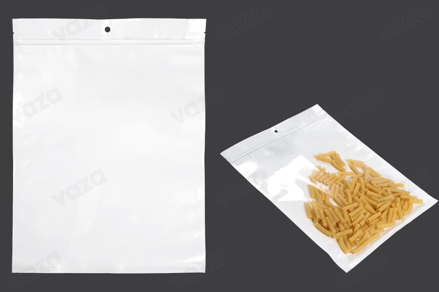 Σακουλάκια πλαστικά με κλείσιμο zip 300x400 mm, λευκή πίσω όψη και διάφανο μπροστά, με τρύπα και δυνατότητα σφράγισης με θερμοκόλληση - 100 τμχ-εικόνα_προϊοντική