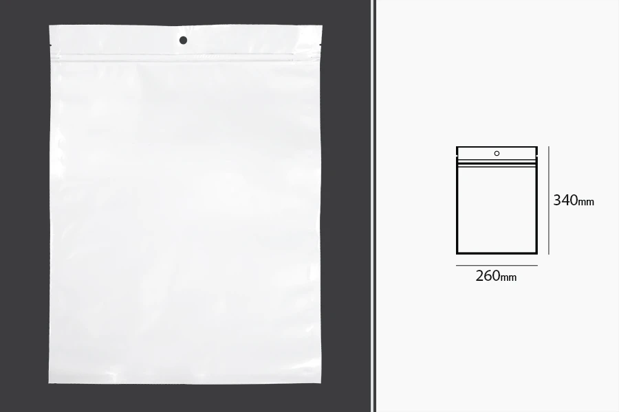 Bustine in plastica con chiusura a zip 260x340 mm, retro bianco e fronte trasparente, con foro e possibilità di chiusura con termosaldatura - 100 pz