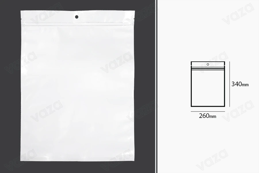 Σακουλάκια πλαστικά με κλείσιμο zip 260x340 mm, λευκή πίσω όψη  και διάφανο μπροστά, με τρύπα και δυνατότητα σφράγισης με θερμοκόλληση - 100 τμχ-εικόνα_διαστάσεις