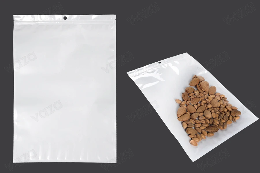 Σακουλάκια πλαστικά με κλείσιμο zip 260x340 mm, λευκή πίσω όψη  και διάφανο μπροστά, με τρύπα και δυνατότητα σφράγισης με θερμοκόλληση - 100 τμχ-εικόνα_προϊοντική