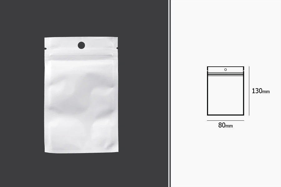 Σακουλάκια πλαστικά λευκά με κλείσιμο zip 80x130 mm, με τρύπα και δυνατότητα σφράγισης με θερμοκόλληση - 100 τμχ