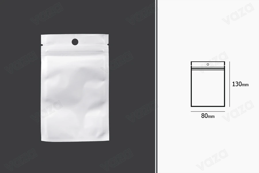 Σακουλάκια πλαστικά λευκά με κλείσιμο zip 80x130 mm, με τρύπα και δυνατότητα σφράγισης με θερμοκόλληση - 100 τμχ Σακουλάκια πλαστικά λευκά με κλείσιμο zip 80x130 mm, με τρύπα και δυνατότητα σφράγισης με θερμοκόλληση - 100 τμχ-εικόνα_διαστάσεις
