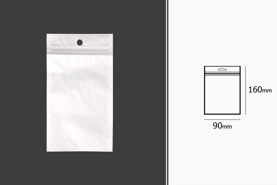 Heat sealable plastic zip lock pouch with a hang hole, white back side and transparent front size in size 90x160 mm - 100 pcs