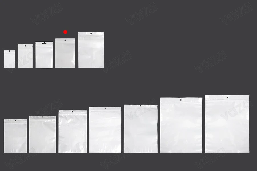 Σακουλάκια πλαστικά με κλείσιμο zip 110x160 mm, λευκή πίσω όψη και διάφανο μπροστά, με τρύπα και δυνατότητα σφράγισης με θερμοκόλληση - 100 τμχ-εικόνα_σύνθεση
