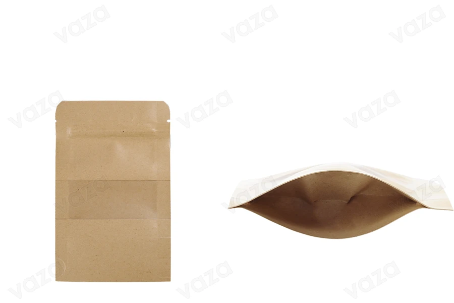 Σακουλάκια κραφτ τύπου Doy Pack  90x30x140 mm, με κλείσιμο "zip" και παράθυρο, εσωτερική και εξωτερική διάφανη επένδυση και δυνατότητα σφράγισης με θερμοκόλληση - 100 τμχ-εικόνα_προϊοντική
