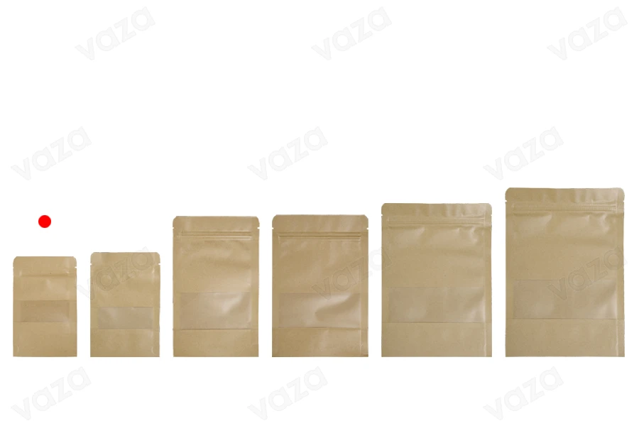 Σακουλάκια κραφτ τύπου Doy Pack  90x30x140 mm, με κλείσιμο "zip" και παράθυρο, εσωτερική και εξωτερική διάφανη επένδυση και δυνατότητα σφράγισης με θερμοκόλληση - 100 τμχ-εικόνα_σύνθεση