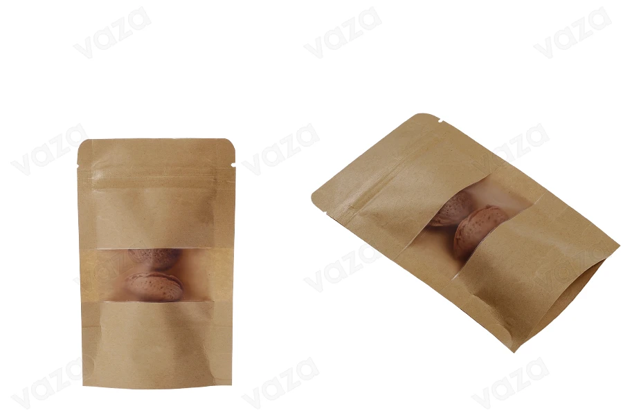 Σακουλάκια κραφτ τύπου Doy Pack  90x30x140 mm, με κλείσιμο "zip" και παράθυρο, εσωτερική και εξωτερική διάφανη επένδυση και δυνατότητα σφράγισης με θερμοκόλληση - 100 τμχ-εικόνα_σύνθεση