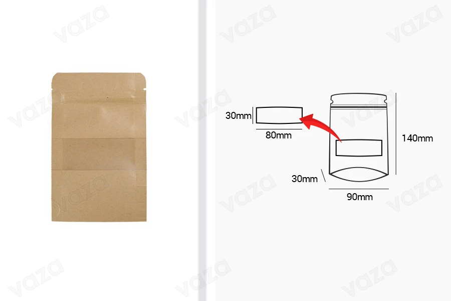 Σακουλάκια κραφτ τύπου Doy Pack  90x30x140 mm, με κλείσιμο "zip" και παράθυρο, εσωτερική και εξωτερική διάφανη επένδυση και δυνατότητα σφράγισης με θερμοκόλληση - 100 τμχ-εικόνα_διαστάσεις