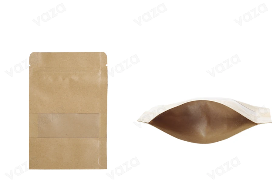 Qese kraft tip Doy Pack 100×30×150 mm, me mbyllje “zip” dhe dritare transparente, me veshje të brendshme dhe të jashtme transparente, me mundësi vulosjeje me ngjitje termike – 100 copë.-imazh_produkt