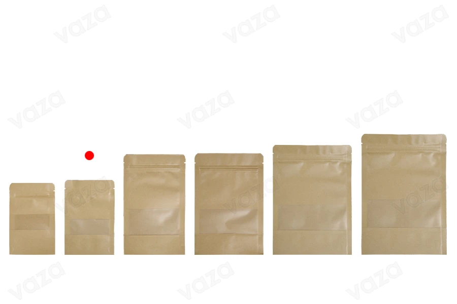 Qese kraft tip Doy Pack 100×30×150 mm, me mbyllje “zip” dhe dritare transparente, me veshje të brendshme dhe të jashtme transparente, me mundësi vulosjeje me ngjitje termike – 100 copë.-imazh_grup