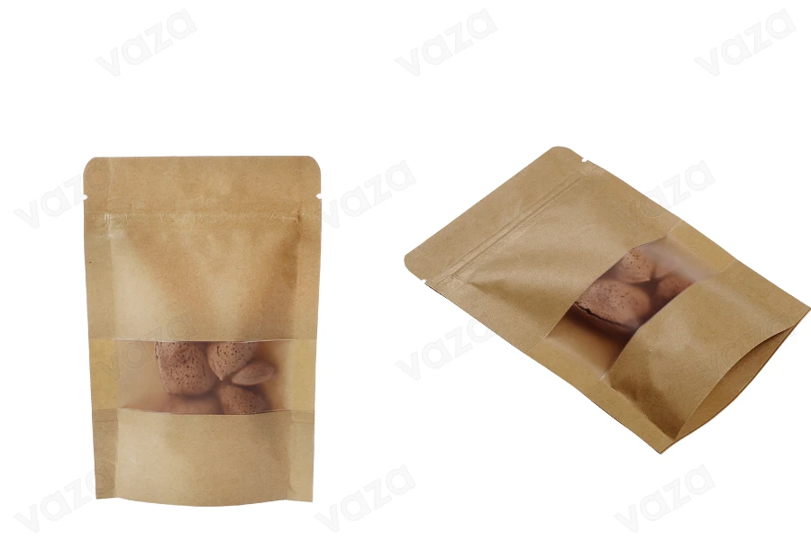 Qese kraft tip Doy Pack 100×30×150 mm, me mbyllje “zip” dhe dritare transparente, me veshje të brendshme dhe të jashtme transparente, me mundësi vulosjeje me ngjitje termike – 100 copë.-imazh_grup