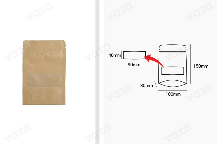 Qese kraft tip Doy Pack 100×30×150 mm, me mbyllje “zip” dhe dritare transparente, me veshje të brendshme dhe të jashtme transparente, me mundësi vulosjeje me ngjitje termike – 100 copë.-imazh_dimensione