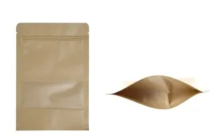 Standbodenbeutel aus Kraftpapier mit Sichtfenster und Druckverschluss, verschließbar 140x40x200mm - 100 Stücke