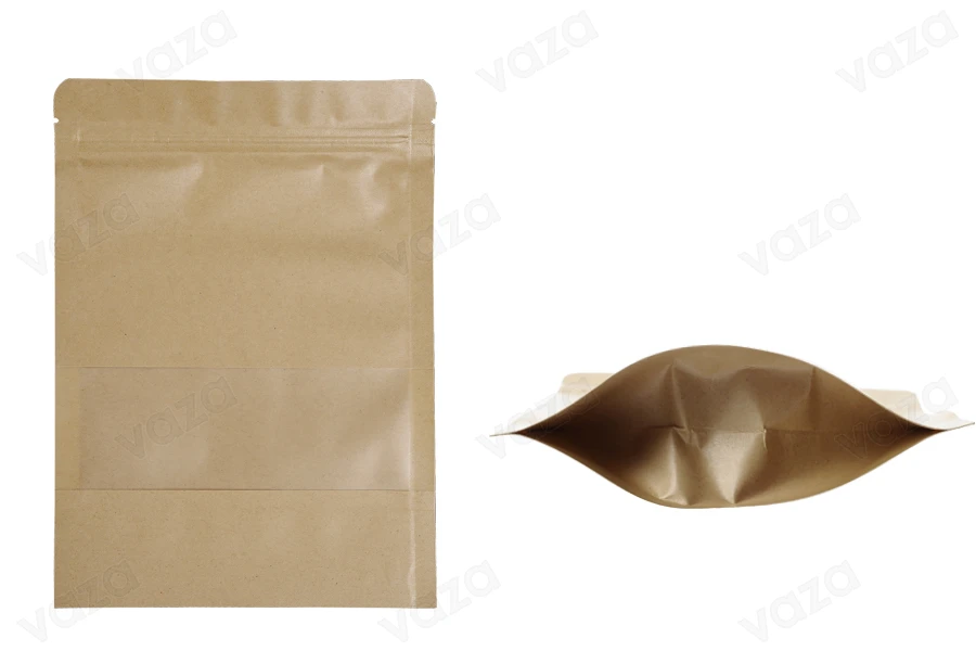 Σακουλάκια κραφτ τύπου Doy Pack  160x40x220 mm, με κλείσιμο "zip" και παράθυρο, εσωτερική και εξωτερική διάφανη επένδυση και δυνατότητα σφράγισης με θερμοκόλληση - 100 τμχ-εικόνα_προϊοντική