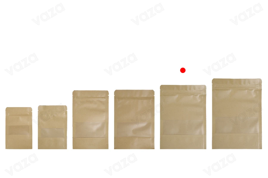 Σακουλάκια κραφτ τύπου Doy Pack  160x40x220 mm, με κλείσιμο "zip" και παράθυρο, εσωτερική και εξωτερική διάφανη επένδυση και δυνατότητα σφράγισης με θερμοκόλληση - 100 τμχ-εικόνα_σύνθεση