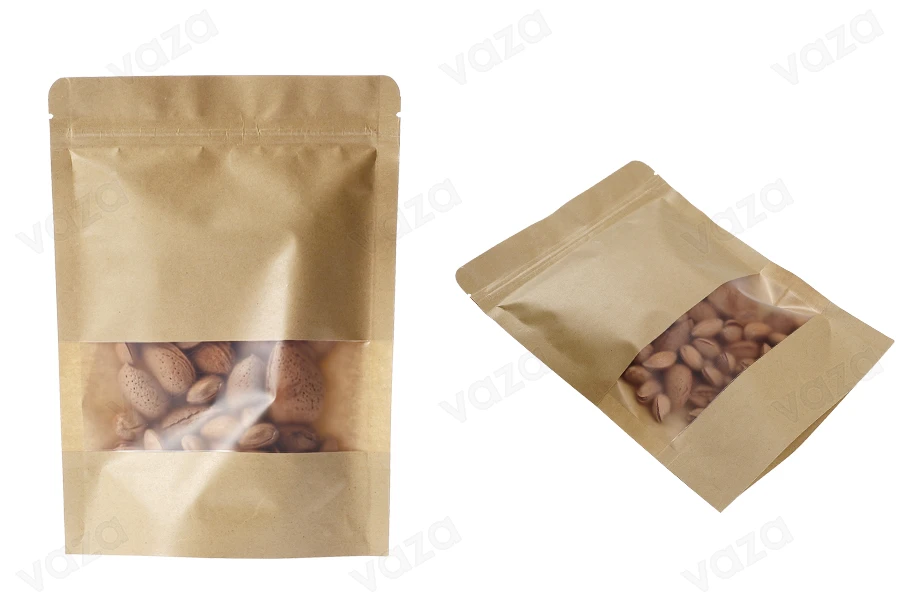 Σακουλάκια κραφτ τύπου Doy Pack  160x40x220 mm, με κλείσιμο "zip" και παράθυρο, εσωτερική και εξωτερική διάφανη επένδυση και δυνατότητα σφράγισης με θερμοκόλληση - 100 τμχ-εικόνα_σύνθεση