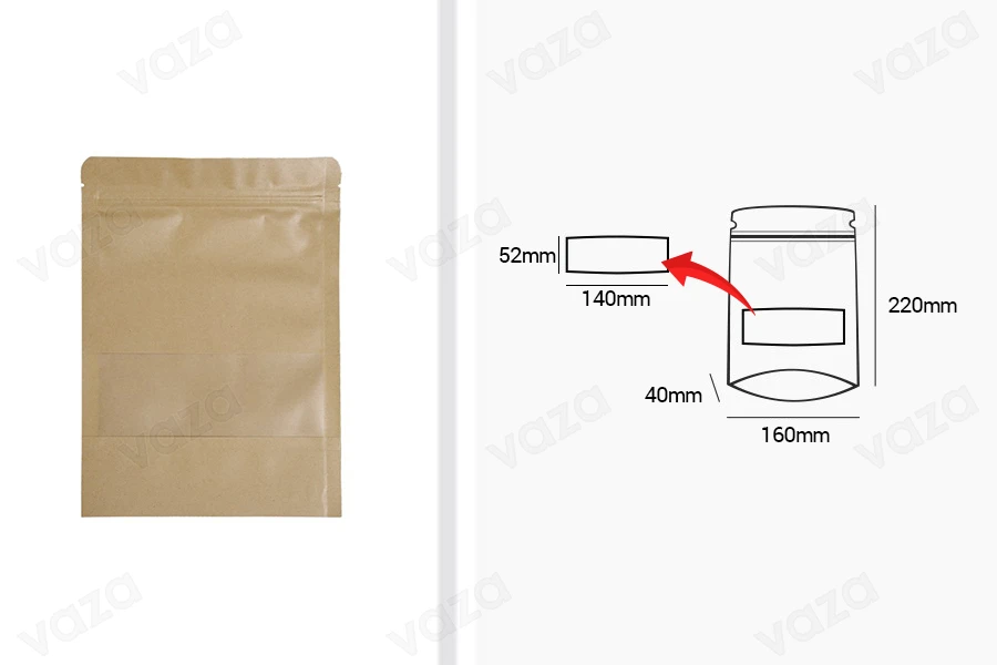 Σακουλάκια κραφτ τύπου Doy Pack  160x40x220 mm, με κλείσιμο "zip" και παράθυρο, εσωτερική και εξωτερική διάφανη επένδυση και δυνατότητα σφράγισης με θερμοκόλληση - 100 τμχ-εικόνα_διαστάσεις