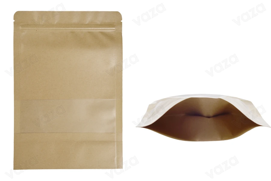 Σακουλάκια κραφτ τύπου Doy Pack  170x40x240 mm, με κλείσιμο "zip" και παράθυρο, εσωτερική και εξωτερική διάφανη επένδυση και δυνατότητα σφράγισης με θερμοκόλληση - 100 τμχ-εικόνα_προϊοντική
