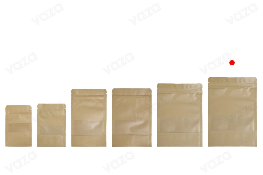 Σακουλάκια κραφτ τύπου Doy Pack  170x40x240 mm, με κλείσιμο "zip" και παράθυρο, εσωτερική και εξωτερική διάφανη επένδυση και δυνατότητα σφράγισης με θερμοκόλληση - 100 τμχ-εικόνα_σύνθεση