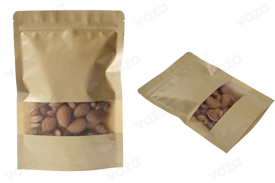Σακουλάκια κραφτ τύπου Doy Pack  170x40x240 mm, με κλείσιμο "zip" και παράθυρο, εσωτερική και εξωτερική διάφανη επένδυση και δυνατότητα σφράγισης με θερμοκόλληση - 100 τμχ-εικόνα_σύνθεση