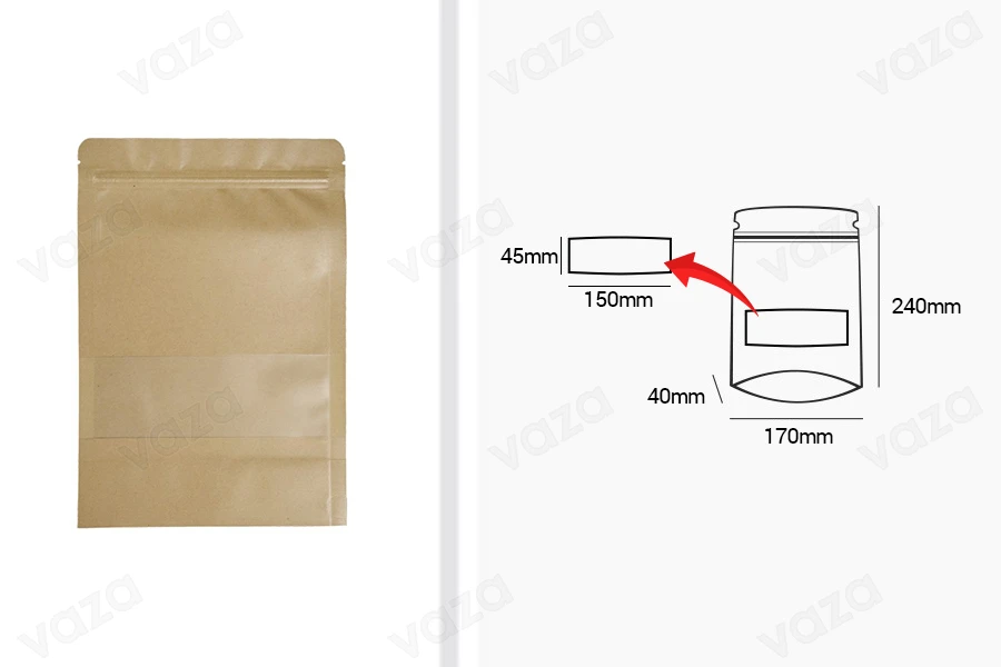 Σακουλάκια κραφτ τύπου Doy Pack  170x40x240 mm, με κλείσιμο "zip" και παράθυρο, εσωτερική και εξωτερική διάφανη επένδυση και δυνατότητα σφράγισης με θερμοκόλληση - 100 τμχ-εικόνα_διαστάσεις
