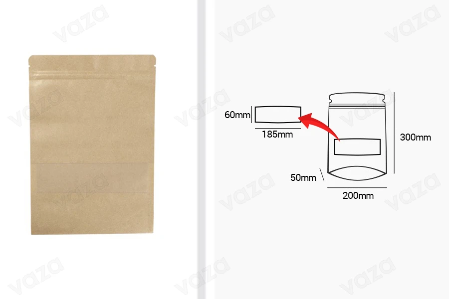 Σακουλάκια κραφτ τύπου Doy Pack  200x50x295 mm, με κλείσιμο "zip" και παράθυρο, εσωτερική και εξωτερική διάφανη επένδυση και δυνατότητα σφράγισης με θερμοκόλληση - 100 τμχ-εικόνα_διαστάσεις
