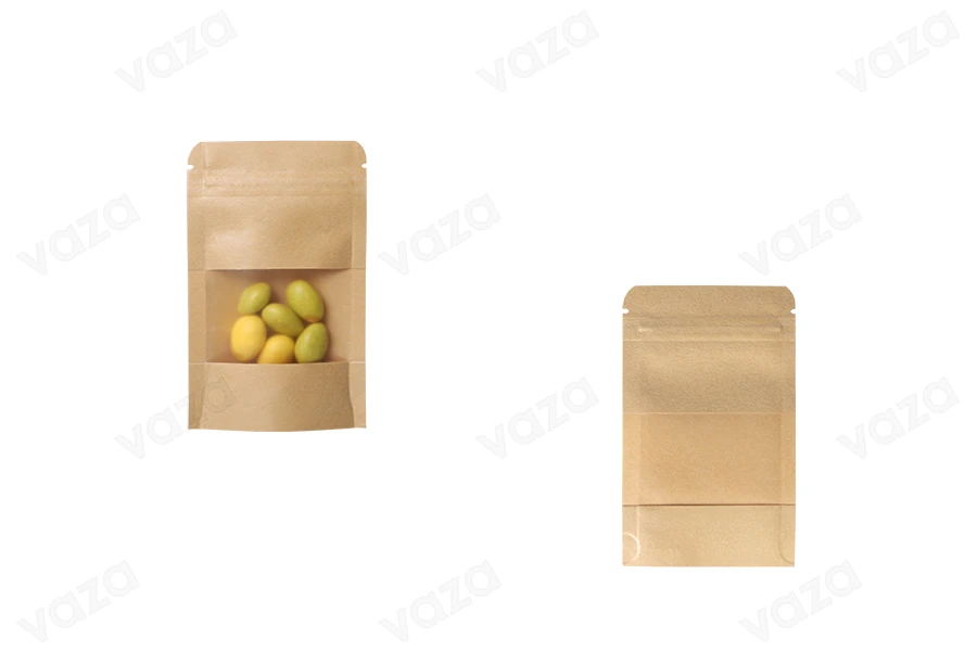 Σακουλάκια κραφτ τύπου Doy Pack  80x30x130 mm, με κλείσιμο "zip" και παράθυρο, εσωτερική και εξωτερική διάφανη επένδυση και δυνατότητα σφράγισης με θερμοκόλληση - 100 τμχ-εικόνα_σύνθεση