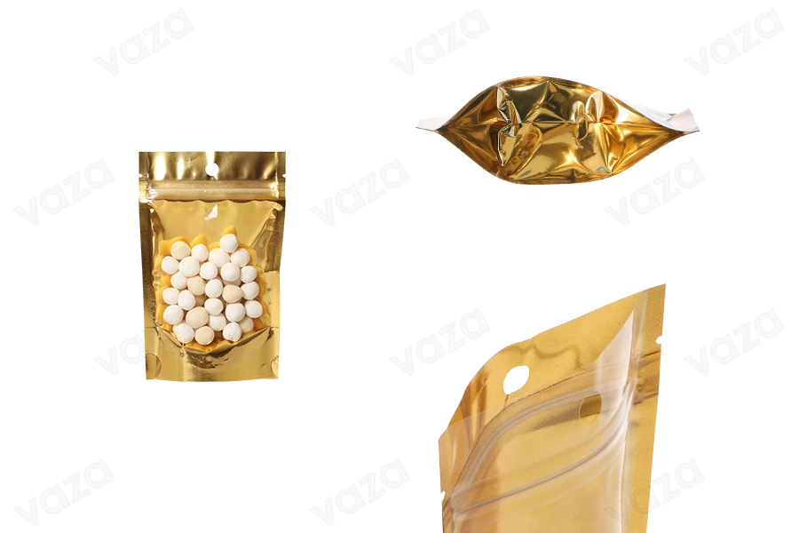 Σακουλάκια τύπου Doy Pack 90x30x140 mm αλουμινίου με χρυσή πίσω πλευρά, διάφανο μπροστά με κλείσιμο "zip" και δυνατότητα σφράγισης με θερμοκόλληση - 100 τμχ Σακουλάκια τύπου Doy Pack 90x30x140 mm αλουμινίου με χρυσή πίσω πλευρά, διάφανο μπροστά με κλείσιμο "zip" και δυνατότητα σφράγισης με θερμοκόλληση - 100 τμχ-εικόνα_προϊοντική