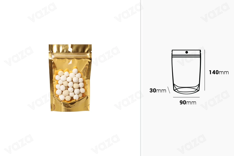 Σακουλάκια τύπου Doy Pack 90x30x140 mm αλουμινίου με χρυσή πίσω πλευρά, διάφανο μπροστά με κλείσιμο "zip" και δυνατότητα σφράγισης με θερμοκόλληση - 100 τμχ Σακουλάκια τύπου Doy Pack 90x30x140 mm αλουμινίου με χρυσή πίσω πλευρά, διάφανο μπροστά με κλείσιμο "zip" και δυνατότητα σφράγισης με θερμοκόλληση - 100 τμχ-εικόνα_διαστάσεις