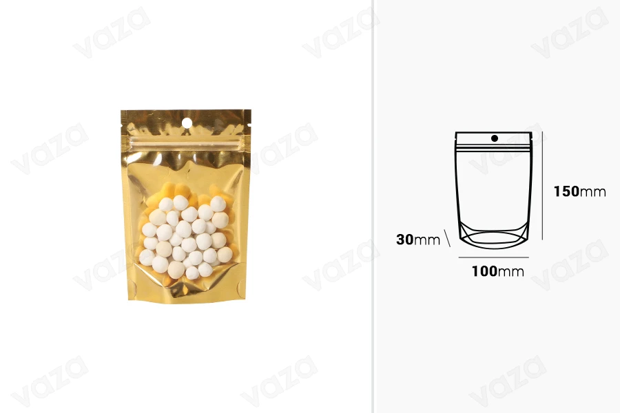 Σακουλάκια τύπου Doy Pack 100x30x150 mm αλουμινίου με χρυσή πίσω πλευρά, διάφανο μπροστά με κλείσιμο "zip" και δυνατότητα σφράγισης με θερμοκόλληση - 100 τμχ-εικόνα_διαστάσεις