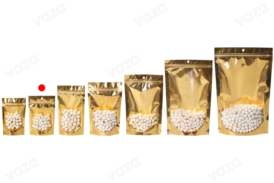 Σακουλάκια τύπου Doy Pack 100x30x150 mm αλουμινίου με χρυσή πίσω πλευρά, διάφανο μπροστά με κλείσιμο "zip" και δυνατότητα σφράγισης με θερμοκόλληση - 100 τμχ-εικόνα_σύνθεση