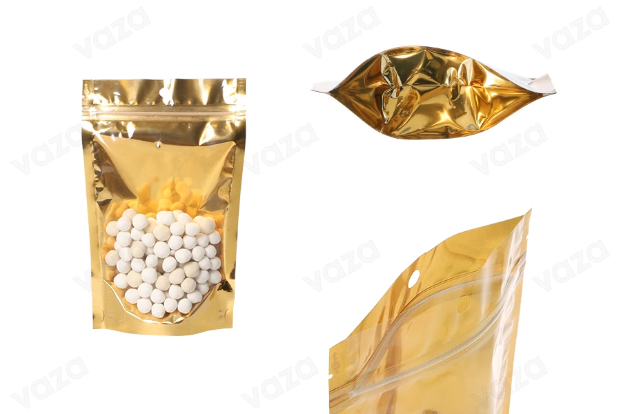 Σακουλάκια τύπου Doy Pack 130x40x205 mm αλουμινίου με χρυσή πίσω πλευρά, διάφανο μπροστά με κλείσιμο "zip" και δυνατότητα σφράγισης με θερμοκόλληση - 100 τμχ-εικόνα_προϊοντική