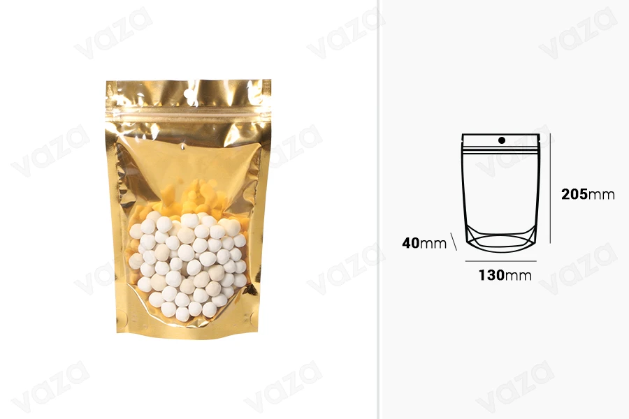 Σακουλάκια τύπου Doy Pack 130x40x205 mm αλουμινίου με χρυσή πίσω πλευρά, διάφανο μπροστά με κλείσιμο "zip" και δυνατότητα σφράγισης με θερμοκόλληση - 100 τμχ-εικόνα_διαστάσεις