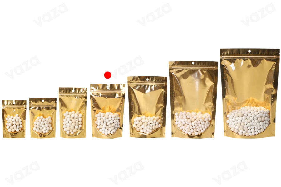 Σακουλάκια τύπου Doy Pack 130x40x205 mm αλουμινίου με χρυσή πίσω πλευρά, διάφανο μπροστά με κλείσιμο "zip" και δυνατότητα σφράγισης με θερμοκόλληση - 100 τμχ-εικόνα_σύνθεση