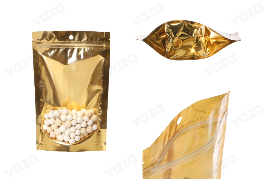 Σακουλάκια τύπου Doy Pack 150x40x230 mm αλουμινίου με χρυσή πίσω πλευρά, διάφανο μπροστά με κλείσιμο "zip" και δυνατότητα σφράγισης με θερμοκόλληση - 100 τμχ Σακουλάκια τύπου Doy Pack 150x40x230 mm αλουμινίου με χρυσή πίσω πλευρά, διάφανο μπροστά με κλείσιμο "zip" και δυνατότητα σφράγισης με θερμοκόλληση - 100 τμχ-εικόνα_προϊοντική