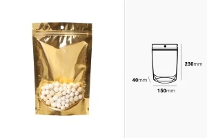 Σακουλάκια τύπου Doy Pack 150x40x230 mm αλουμινίου με χρυσή πίσω πλευρά, διάφανο μπροστά με κλείσιμο "zip" και δυνατότητα σφράγισης με θερμοκόλληση - 100 τμχ-2