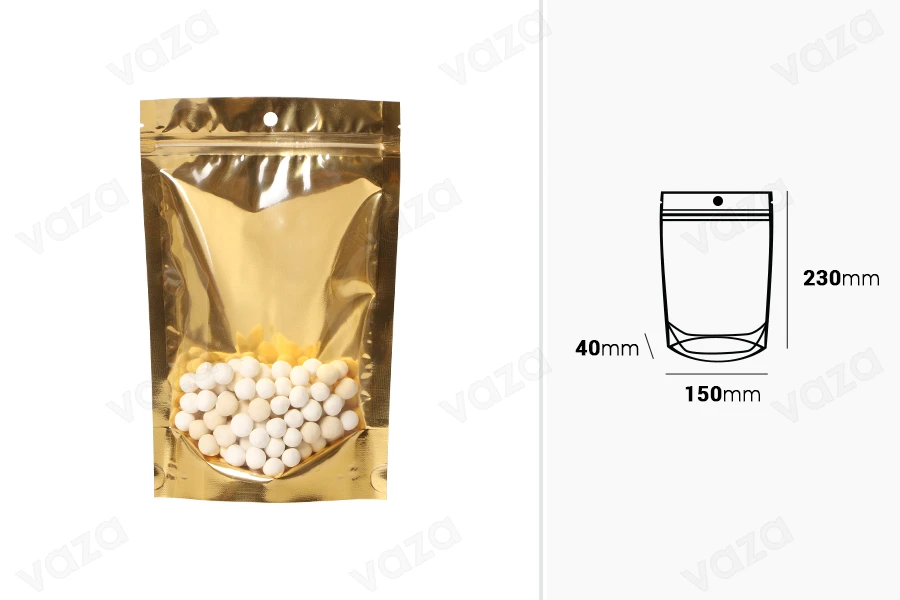 Σακουλάκια τύπου Doy Pack 150x40x230 mm αλουμινίου με χρυσή πίσω πλευρά, διάφανο μπροστά με κλείσιμο "zip" και δυνατότητα σφράγισης με θερμοκόλληση - 100 τμχ Σακουλάκια τύπου Doy Pack 150x40x230 mm αλουμινίου με χρυσή πίσω πλευρά, διάφανο μπροστά με κλείσιμο "zip" και δυνατότητα σφράγισης με θερμοκόλληση - 100 τμχ-εικόνα_διαστάσεις