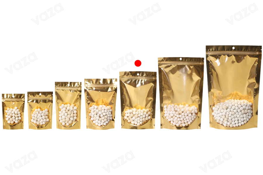 Σακουλάκια τύπου Doy Pack 150x40x230 mm αλουμινίου με χρυσή πίσω πλευρά, διάφανο μπροστά με κλείσιμο "zip" και δυνατότητα σφράγισης με θερμοκόλληση - 100 τμχ Σακουλάκια τύπου Doy Pack 150x40x230 mm αλουμινίου με χρυσή πίσω πλευρά, διάφανο μπροστά με κλείσιμο "zip" και δυνατότητα σφράγισης με θερμοκόλληση - 100 τμχ-εικόνα_σύνθεση