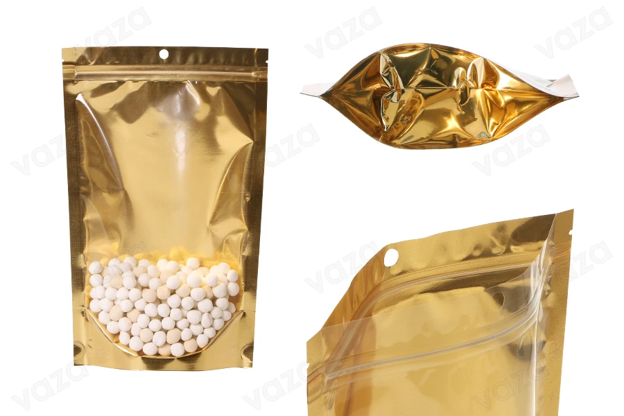 Σακουλάκια τύπου Doy Pack 180x50x280 mm αλουμινίου με χρυσή πίσω πλευρά, διάφανο μπροστά με κλείσιμο "zip" και δυνατότητα σφράγισης με θερμοκόλληση - 100 τμχ Σακουλάκια τύπου Doy Pack 180x50x280 mm αλουμινίου με χρυσή πίσω πλευρά, διάφανο μπροστά με κλείσιμο "zip" και δυνατότητα σφράγισης με θερμοκόλληση - 100 τμχ-εικόνα_προϊοντική