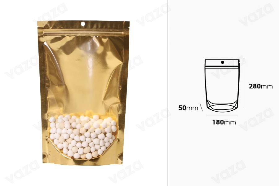 Σακουλάκια τύπου Doy Pack 180x50x280 mm αλουμινίου με χρυσή πίσω πλευρά, διάφανο μπροστά με κλείσιμο "zip" και δυνατότητα σφράγισης με θερμοκόλληση - 100 τμχ Σακουλάκια τύπου Doy Pack 180x50x280 mm αλουμινίου με χρυσή πίσω πλευρά, διάφανο μπροστά με κλείσιμο "zip" και δυνατότητα σφράγισης με θερμοκόλληση - 100 τμχ-εικόνα_διαστάσεις
