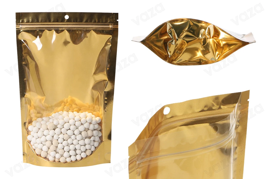 Aluminum Doypack stand-up pouch with zipper, golden back and transparent front side, heat sealable, 200x50x300 mm - 100 pcs Aluminum Doypack stand-up pouch with zipper, golden back and transparent front side, heat sealable, 200x50x300 mm - 100 pcs-εικόνα_προϊοντική