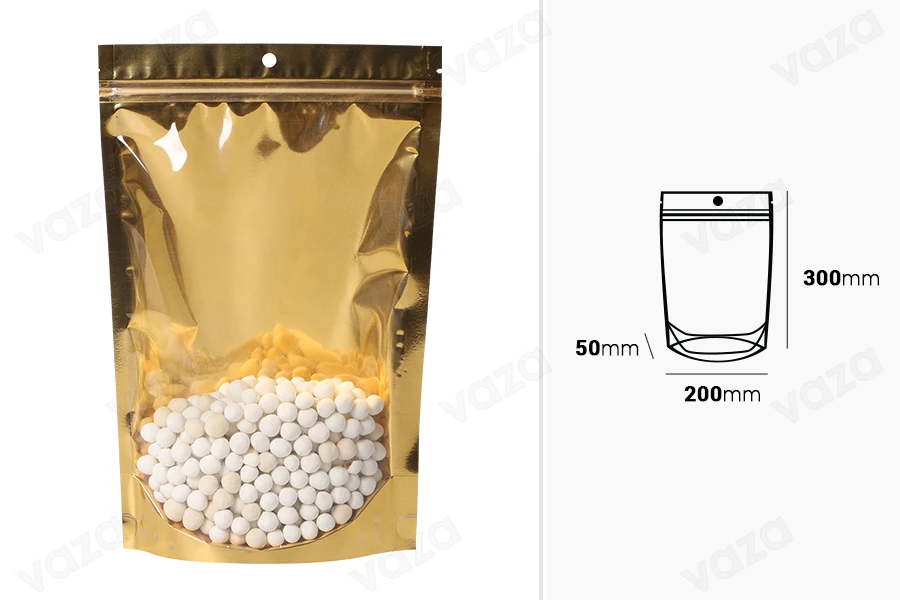 Aluminum Doypack stand-up pouch with zipper, golden back and transparent front side, heat sealable, 200x50x300 mm - 100 pcs Aluminum Doypack stand-up pouch with zipper, golden back and transparent front side, heat sealable, 200x50x300 mm - 100 pcs-εικόνα_διαστάσεις