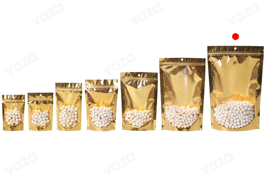 Aluminum Doypack stand-up pouch with zipper, golden back and transparent front side, heat sealable, 200x50x300 mm - 100 pcs Aluminum Doypack stand-up pouch with zipper, golden back and transparent front side, heat sealable, 200x50x300 mm - 100 pcs-εικόνα_σύνθεση