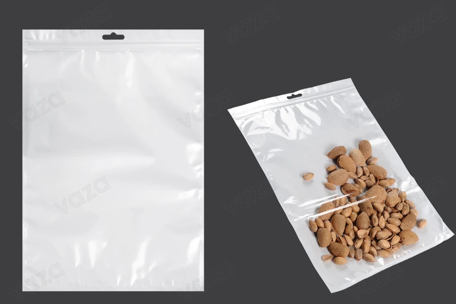 Qese plastike me mbyllje zip 230x330 mm, pjesa e pasme e bardhe, përpara transparente dhe vrimë Eurohole - 100 copë Qese plastike me mbyllje zip 230x330 mm, pjesa e pasme e bardhe, përpara transparente dhe vrimë Eurohole - 100 copë -εικόνα_προϊοντική