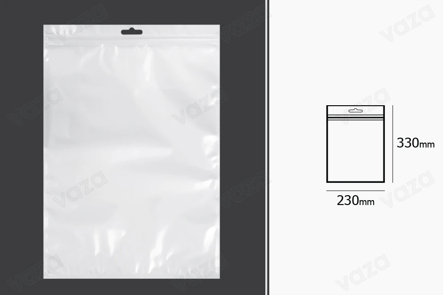 Qese plastike me mbyllje zip 230x330 mm, pjesa e pasme e bardhe, përpara transparente dhe vrimë Eurohole - 100 copë Qese plastike me mbyllje zip 230x330 mm, pjesa e pasme e bardhe, përpara transparente dhe vrimë Eurohole - 100 copë -εικόνα_διαστάσεις