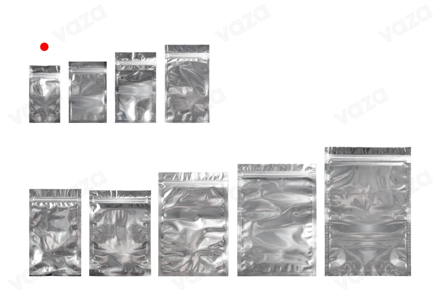 Σακουλάκια αλουμινίου με κλείσιμο "zip" 70x130 mm, διάφανη μπροστά πλευρά και δυνατότητα σφράγισης με θερμοκόλληση - 100 τμχ-εικόνα_σύνθεση