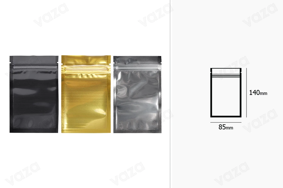 Sacchetti in alluminio con chiusura a zip 85 x 140 mm, lato frontale trasparente e possibilità di termosaldatura - 100 pz-dimensioni_immagine