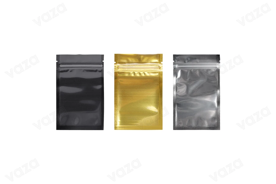 Sacchetti in alluminio con chiusura a zip 85 x 140 mm, lato frontale trasparente e possibilità di termosaldatura - 100 pz-immagine_prodotto