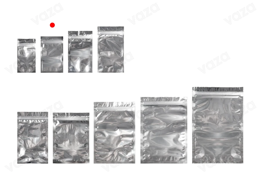 Sacchetti in alluminio con chiusura a zip 85 x 140 mm, lato frontale trasparente e possibilità di termosaldatura - 100 pz-gruppo_immagini